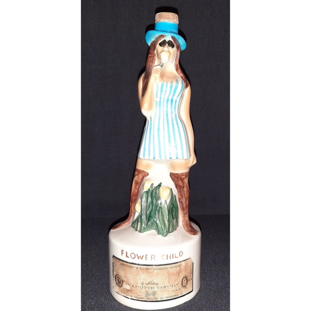 Vtg Maloney Distilling Co, Flower Child Decanter, Royal Enfield,  1968